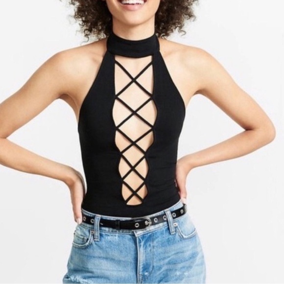 Express Black Strappy Criss-Cross High-Neck Halter Knit Low-Back Bodysuit - Picture 1 of 8